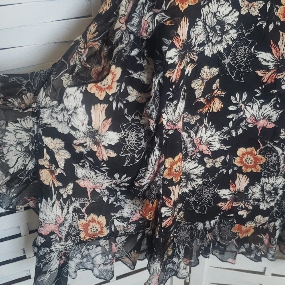 Free People floral wide slit ruffle leg pull up elastic waist women's pants S